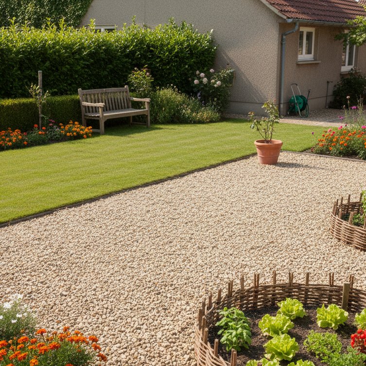 image générée par IA d'un extérieur bien entretenu tonte pelouse et désherbage cours gravillonnée