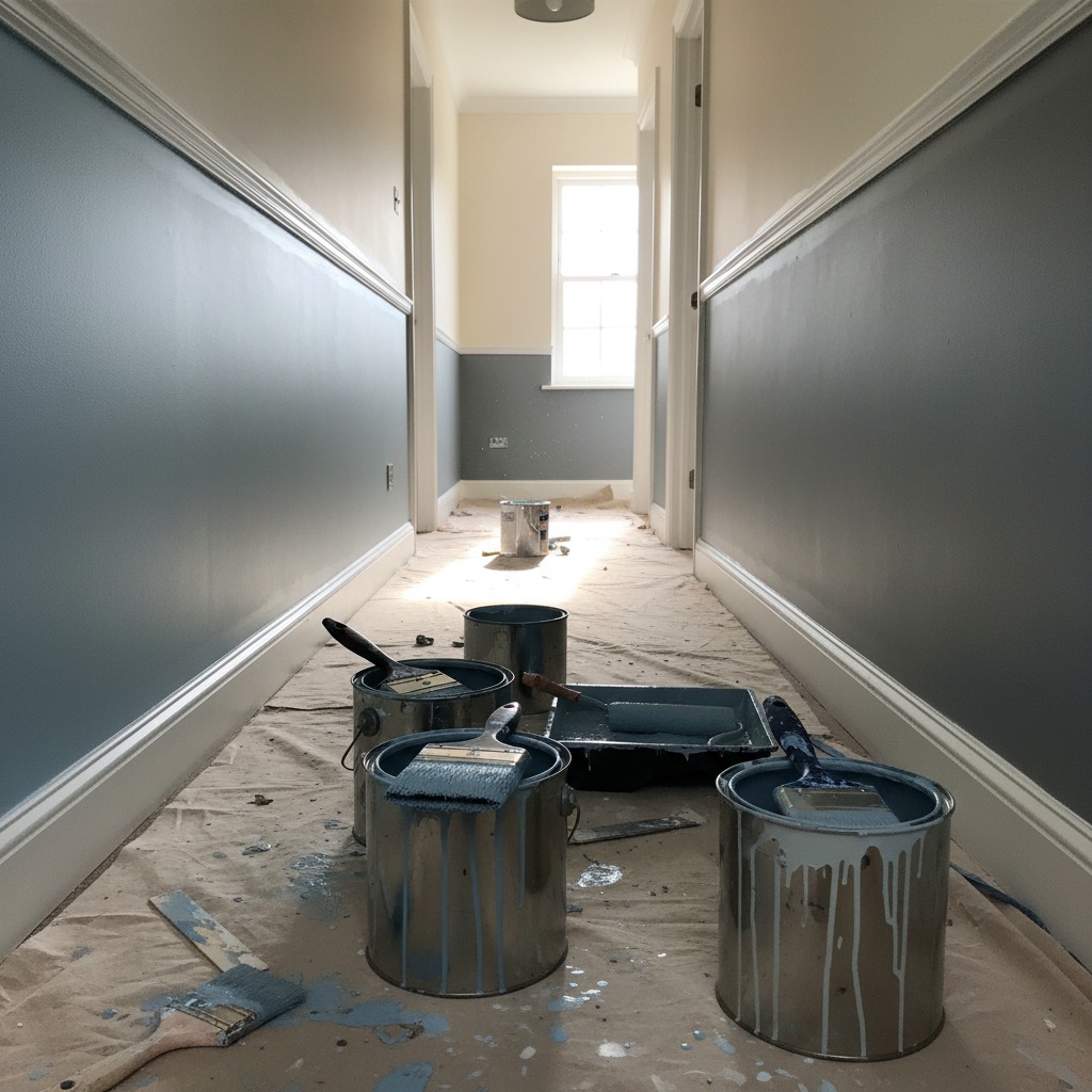 Mise en peinture de cimaises moulures fraîchement installées.